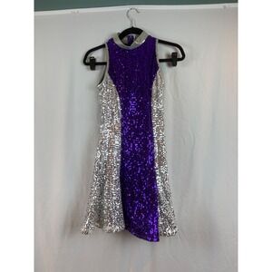Purple Silver Sequin Performance Dance Dress Mock Neck Sleeveless Costume